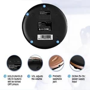 HOTT CD711T Portable CD Player with Bluetooth 5.0, 45s Anti-Shock, 7-Hour Rechargeable Battery | Black thumbnail 8