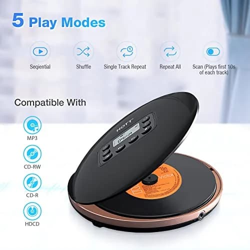 HOTT CD711T Portable CD Player with Bluetooth 5.0, 45s Anti-Shock, 7-Hour Rechargeable Battery | Black thumbnail 2