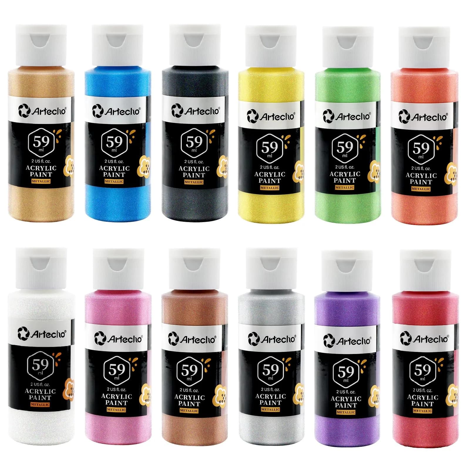 Artecho Metallic Acrylic Paint Set 12 Colors 59ml | Rich Metallic Finish for Art & Crafts - main product image