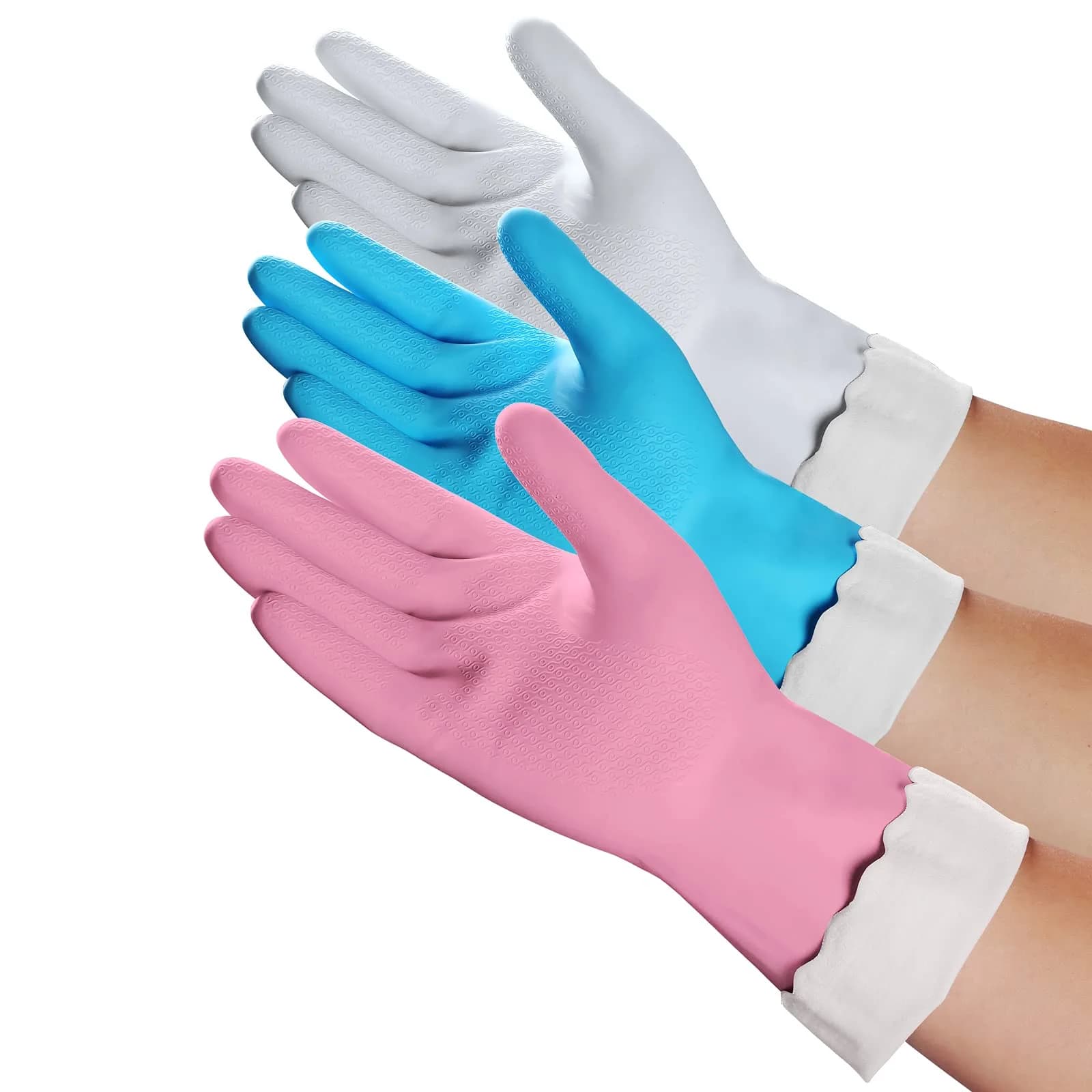HSL Household Cleaning Gloves - Reusable Waterproof Latex-Free Gloves (Large, 2 Pairs) | Cotton Lined, Non-Slip — Blue+white+pink / Medium