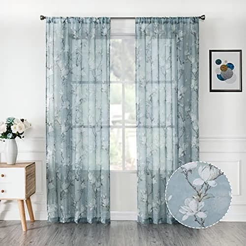 Tollpiz Floral Blue Sheer Curtains 54x63 inches Set of 2 | Elegant Linen Look with Embroidery thumbnail 1