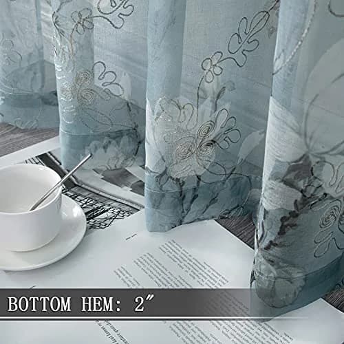 Tollpiz Floral Blue Sheer Curtains 54x63 inches Set of 2 | Elegant Linen Look with Embroidery thumbnail 4