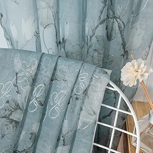 Tollpiz Floral Blue Sheer Curtains 54x63 inches Set of 2 | Elegant Linen Look with Embroidery thumbnail 6