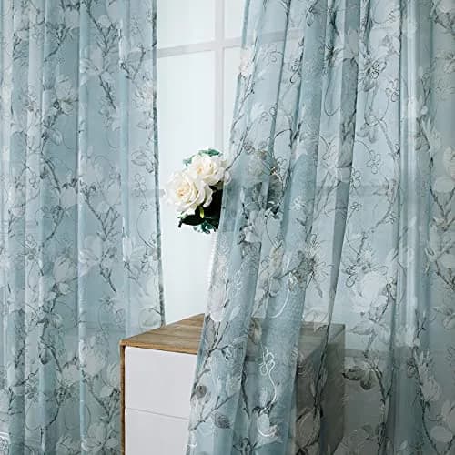 Tollpiz Floral Blue Sheer Curtains 54x63 inches Set of 2 | Elegant Linen Look with Embroidery thumbnail 2