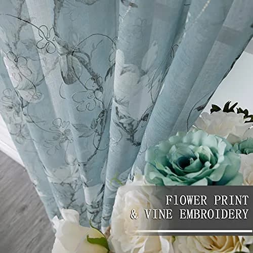 Tollpiz Floral Blue Sheer Curtains 54x63 inches Set of 2 | Elegant Linen Look with Embroidery thumbnail 3