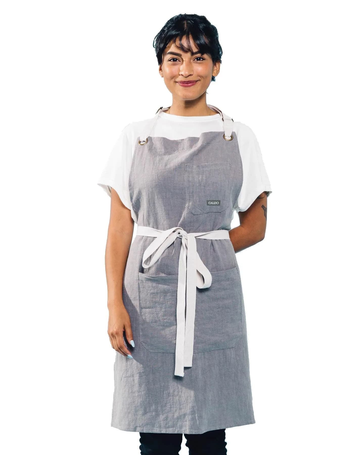 Caldo Linen Kitchen Apron for Cooking | Adjustable with Pockets, Unisex, Grey — Pewter