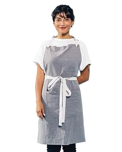 Caldo Linen Kitchen Apron for Cooking | Adjustable with Pockets, Unisex, Grey thumbnail 1