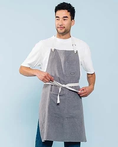 Caldo Linen Kitchen Apron for Cooking | Adjustable with Pockets, Unisex, Grey thumbnail 2