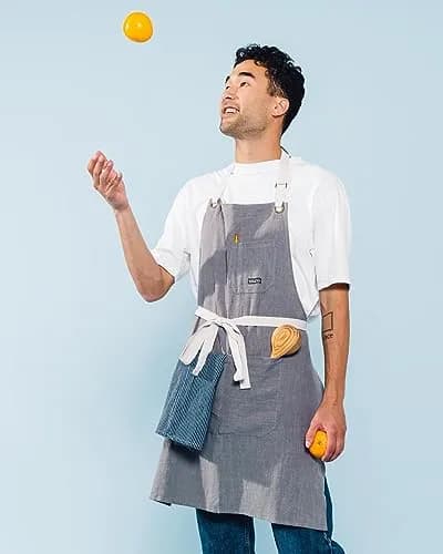 Caldo Linen Kitchen Apron for Cooking | Adjustable with Pockets, Unisex, Grey thumbnail 3