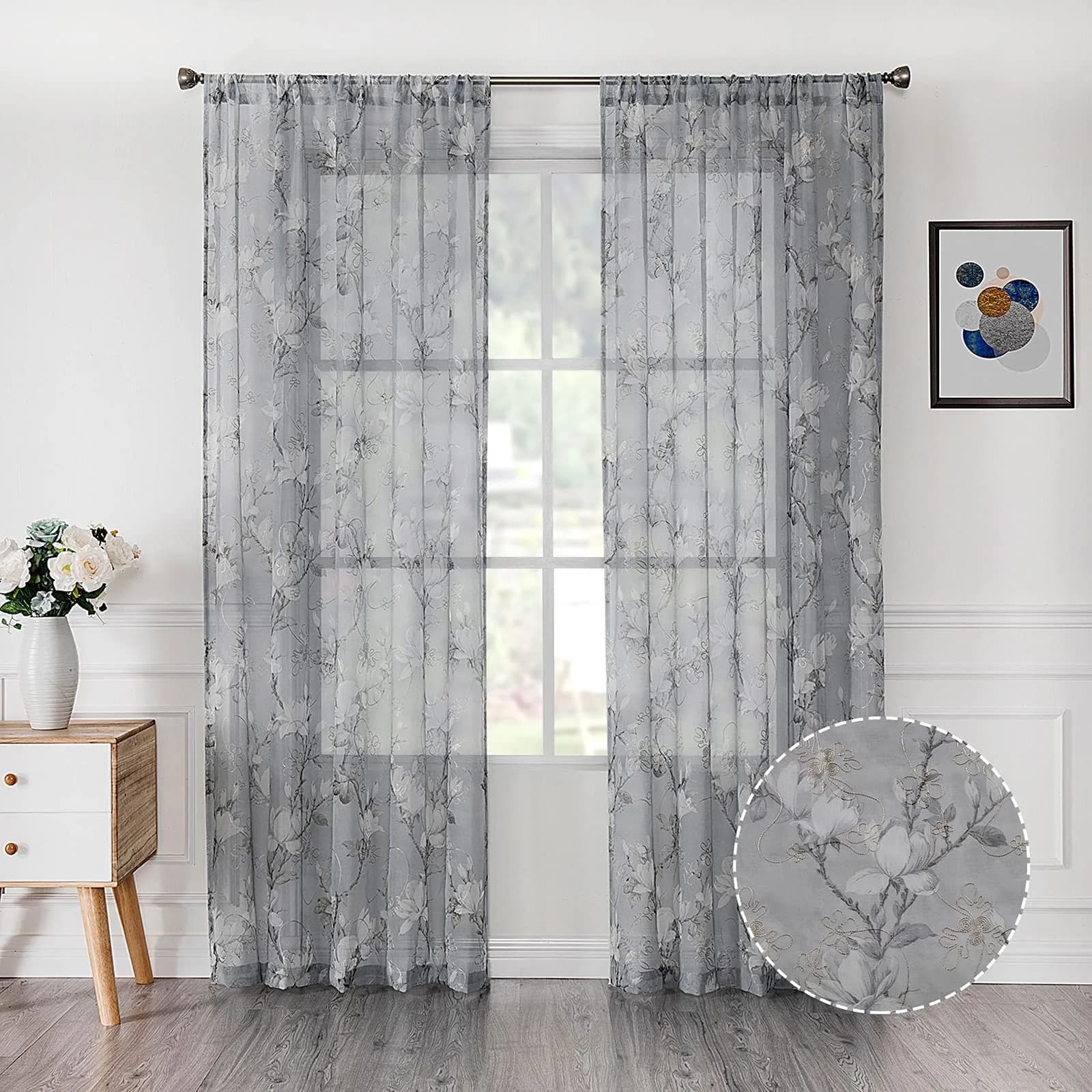 Tollpiz Floral Short Grey Sheer Curtain Flower Print Vine Embroidery Bedroom Curtains Rod Pocket Voile Window Curtain for Living Room, 54 x 54 inches Long, Set of 2 Panels — Grey / 54"W x 54"L