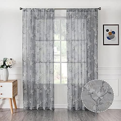 Tollpiz Floral Short Grey Sheer Curtain Flower Print Vine Embroidery Bedroom Curtains Rod Pocket Voile Window Curtain for Living Room, 54 x 54 inches Long, Set of 2 Panels thumbnail 1