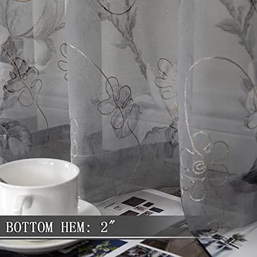 Tollpiz Floral Short Grey Sheer Curtain Flower Print Vine Embroidery Bedroom Curtains Rod Pocket Voile Window Curtain for Living Room, 54 x 54 inches Long, Set of 2 Panels thumbnail 4