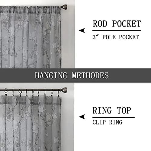 Tollpiz Floral Short Grey Sheer Curtain Flower Print Vine Embroidery Bedroom Curtains Rod Pocket Voile Window Curtain for Living Room, 54 x 54 inches Long, Set of 2 Panels thumbnail 5