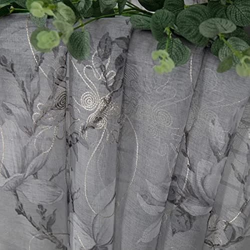 Tollpiz Floral Short Grey Sheer Curtain Flower Print Vine Embroidery Bedroom Curtains Rod Pocket Voile Window Curtain for Living Room, 54 x 54 inches Long, Set of 2 Panels thumbnail 6