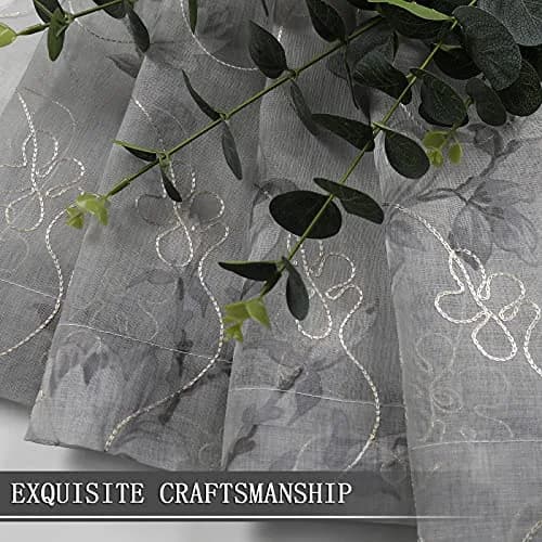 Tollpiz Floral Short Grey Sheer Curtain Flower Print Vine Embroidery Bedroom Curtains Rod Pocket Voile Window Curtain for Living Room, 54 x 54 inches Long, Set of 2 Panels thumbnail 7