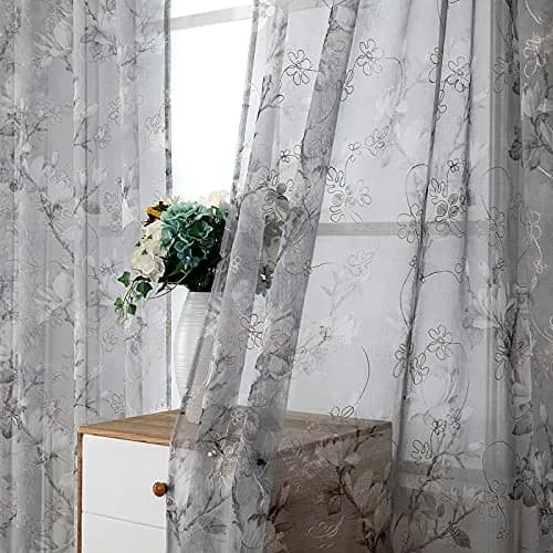 Tollpiz Floral Short Grey Sheer Curtain Flower Print Vine Embroidery Bedroom Curtains Rod Pocket Voile Window Curtain for Living Room, 54 x 54 inches Long, Set of 2 Panels thumbnail 2