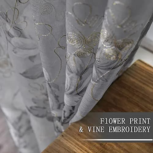 Tollpiz Floral Short Grey Sheer Curtain Flower Print Vine Embroidery Bedroom Curtains Rod Pocket Voile Window Curtain for Living Room, 54 x 54 inches Long, Set of 2 Panels thumbnail 3