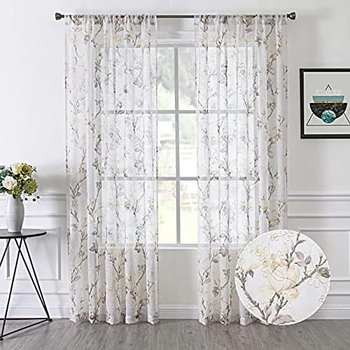 Tollpiz Floral White Sheer Curtains 54 x 45 inches | Elegant Linen Look with Embroidery thumbnail 1