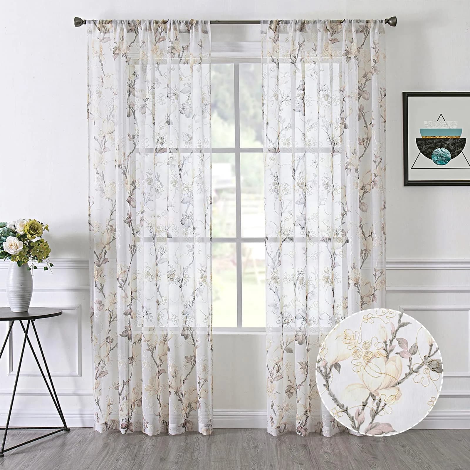 Tollpiz Floral White Sheer Curtains 54 x 45 inches | Elegant Linen Look with Embroidery