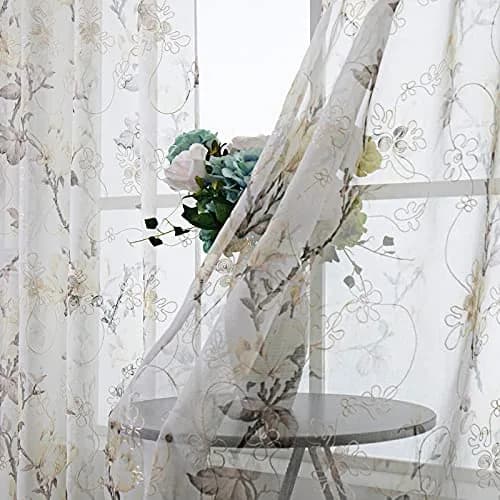 Tollpiz Floral White Sheer Curtains 54 x 45 inches | Elegant Linen Look with Embroidery thumbnail 2