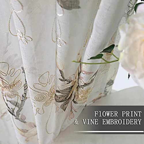 Tollpiz Floral White Sheer Curtains 54 x 45 inches | Elegant Linen Look with Embroidery thumbnail 3