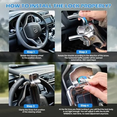 Blueshyhall Vehicle Steering Wheel Lock, Anti Theft Lock with Safety Hammer, Grey | Heavy Duty Security Device thumbnail 6