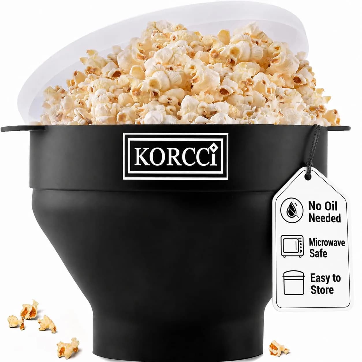 KORCCI Collapsible Silicone Popcorn Popper Bowl - Black | Healthy Microwave Popcorn Maker - main product image