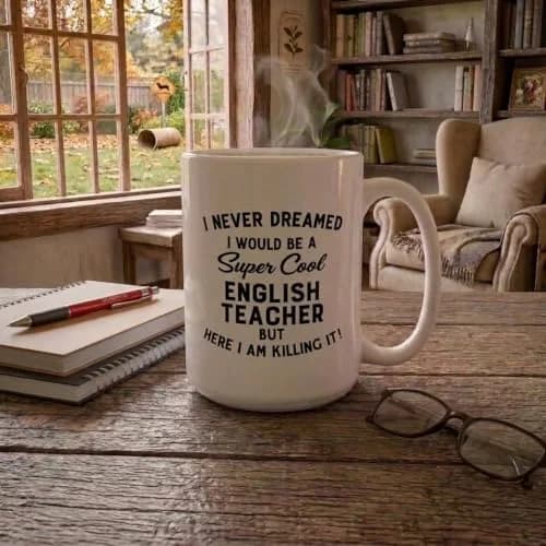 Artisan Owl I Never Dreamed I Would Be a English Teacher but Here I Am Killing It! Mug – 15 oz (444 ml) Large Funny Teacher Appreciation Present thumbnail 4
