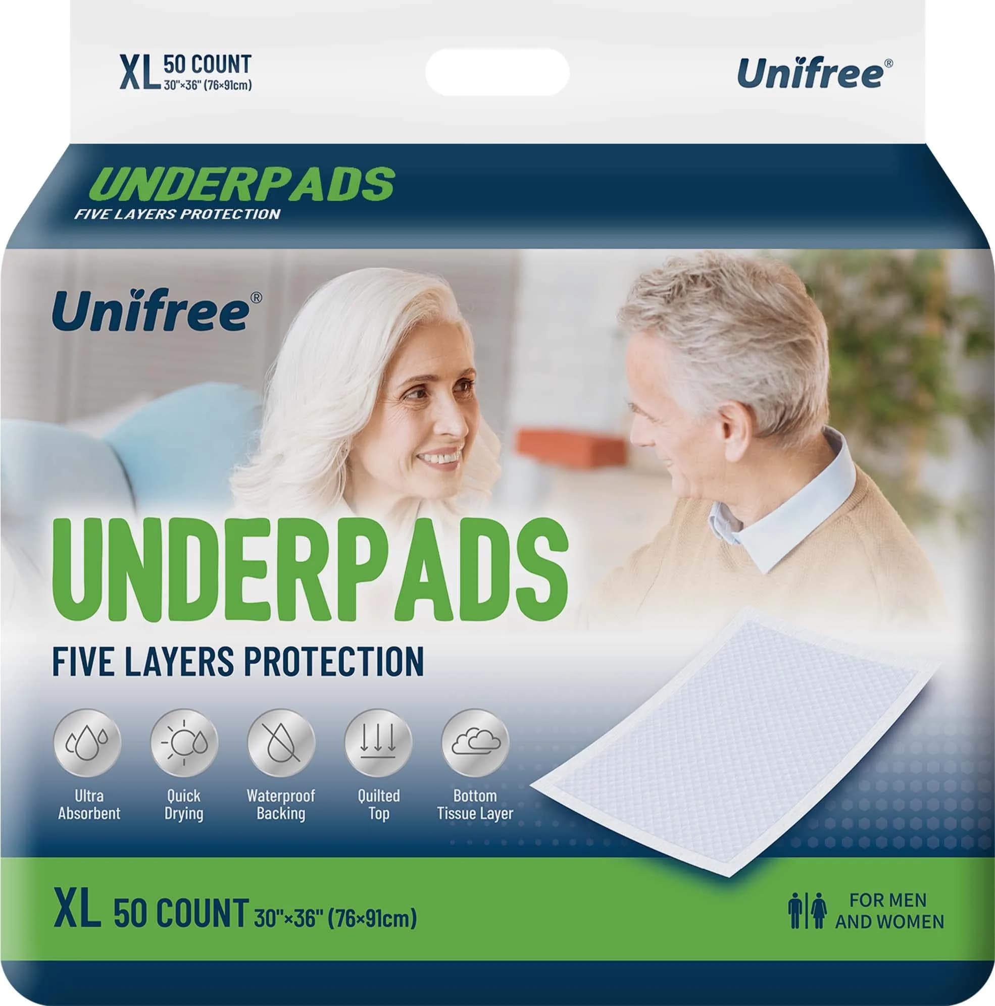 UNIFREE Disposable Underpads 50 Count | Super Absorbent Bed & Incontinence Pad (76 in) for Adults & Elderly