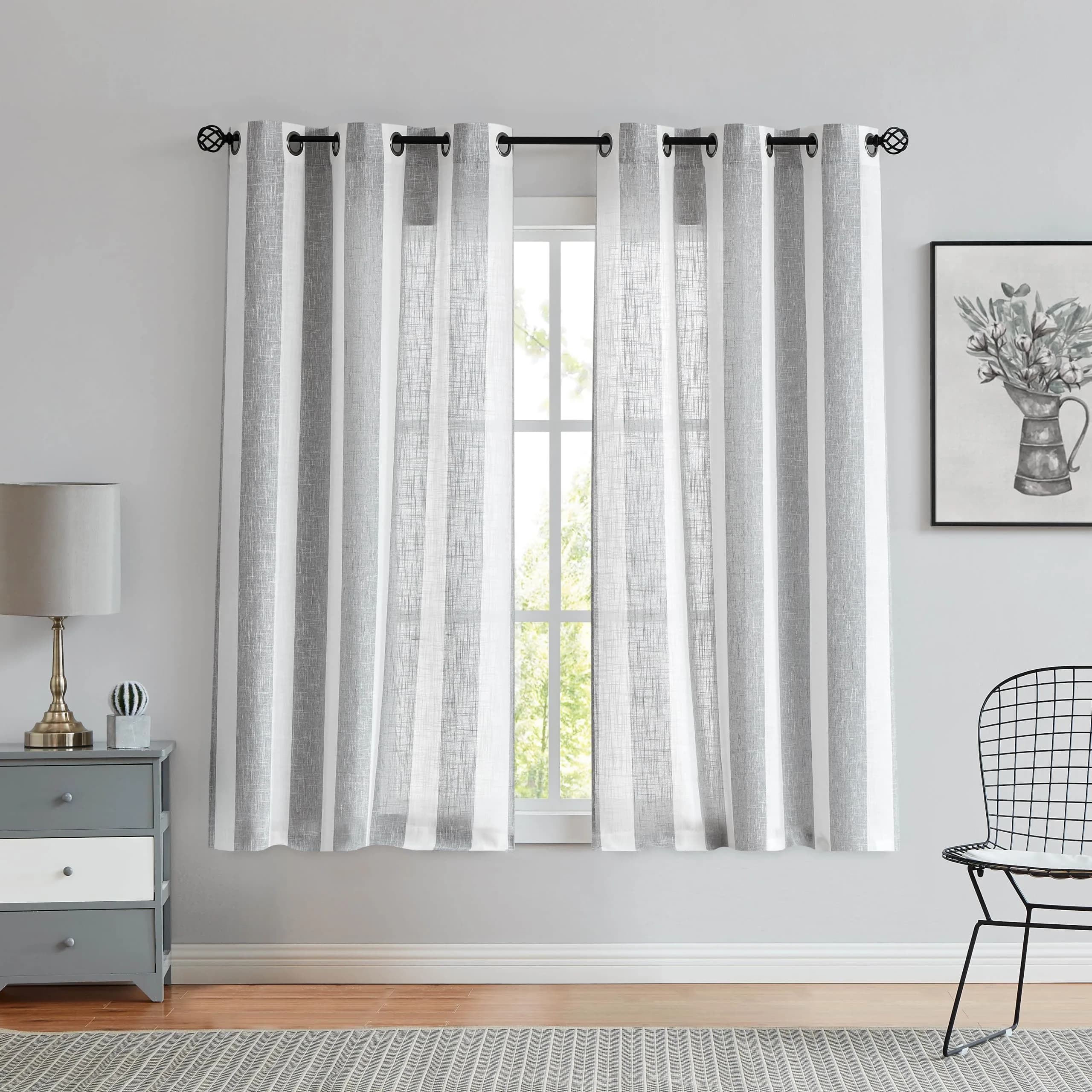 Central Park Gray White Vertical Stripe Curtain Semi Sheer, 44" Wx63" | Elegant Farmhouse Style for Living & Bedroom