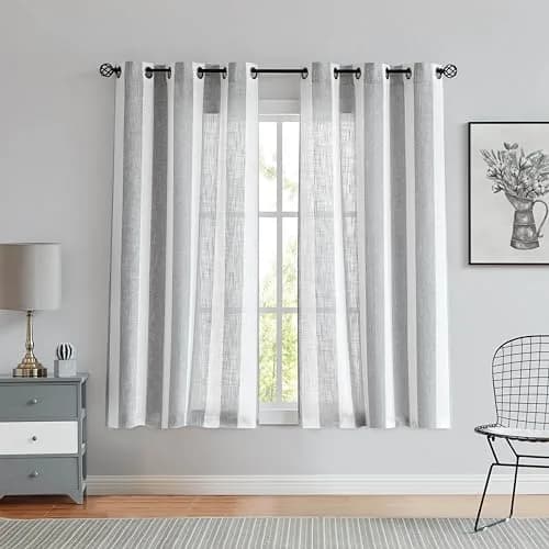 Central Park Gray White Vertical Stripe Curtain Semi Sheer, 44" Wx63" | Elegant Farmhouse Style for Living & Bedroom thumbnail 1