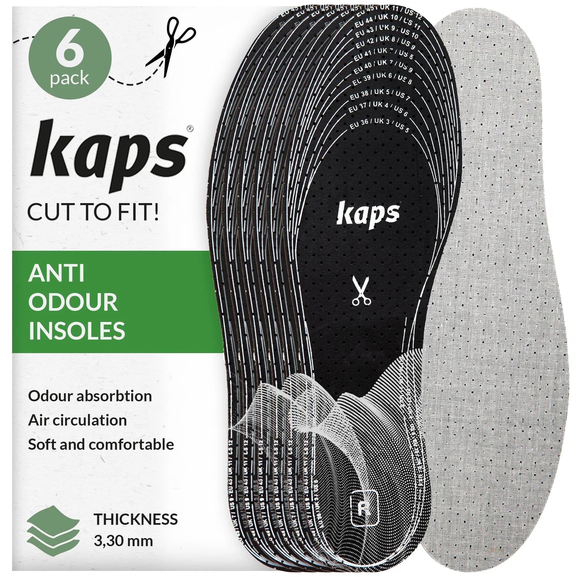 Kaps Odour Stop Shoe Insoles 6 Pair Pack Cut to Fit | Activated Charcoal Odour Control