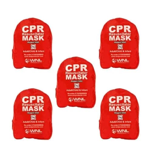 WNL Products CPR Rescue Mask Kit with Infant Mask, 5 Pack | Adult/Child & Infant CPR Mask with One-Way Valve, Filter, Gloves, Wipe in Soft Red Case thumbnail 1