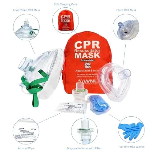 WNL Products CPR Rescue Mask Kit with Infant Mask, 5 Pack | Adult/Child & Infant CPR Mask with One-Way Valve, Filter, Gloves, Wipe in Soft Red Case thumbnail 2