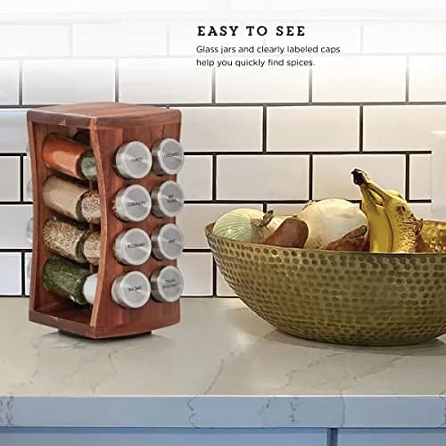 Kamenstein 16 Jar Hourglass Revolving Spice Rack with Spices Included, FREE Refills for 5 Years, Acacia & Stainless Steel Caps thumbnail 5