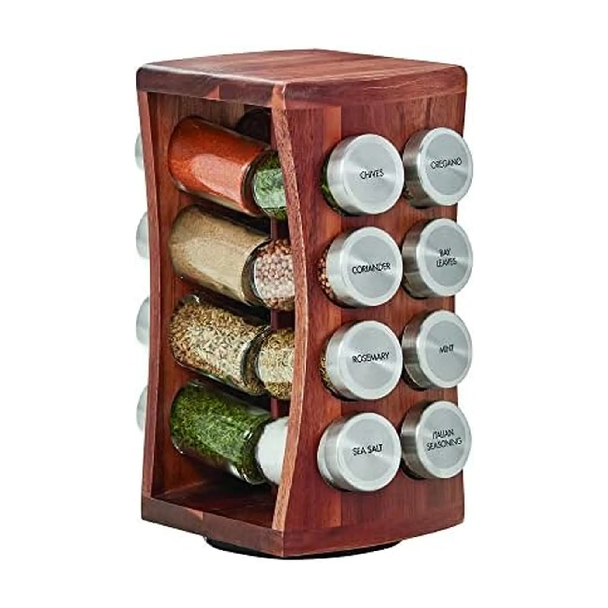 Kamenstein 16 Jar Hourglass Revolving Spice Rack with Spices Included, FREE Refills for 5 Years, Acacia & Stainless Steel Caps - main product image