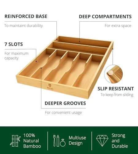 ROYAL CRAFT WOOD Luxury Bamboo Utensil Rack and Silverware Organizer, Kitchen Drawer Organizer - 7 Slot, Natural | Elegant Flatware & Cutlery Storage thumbnail 3