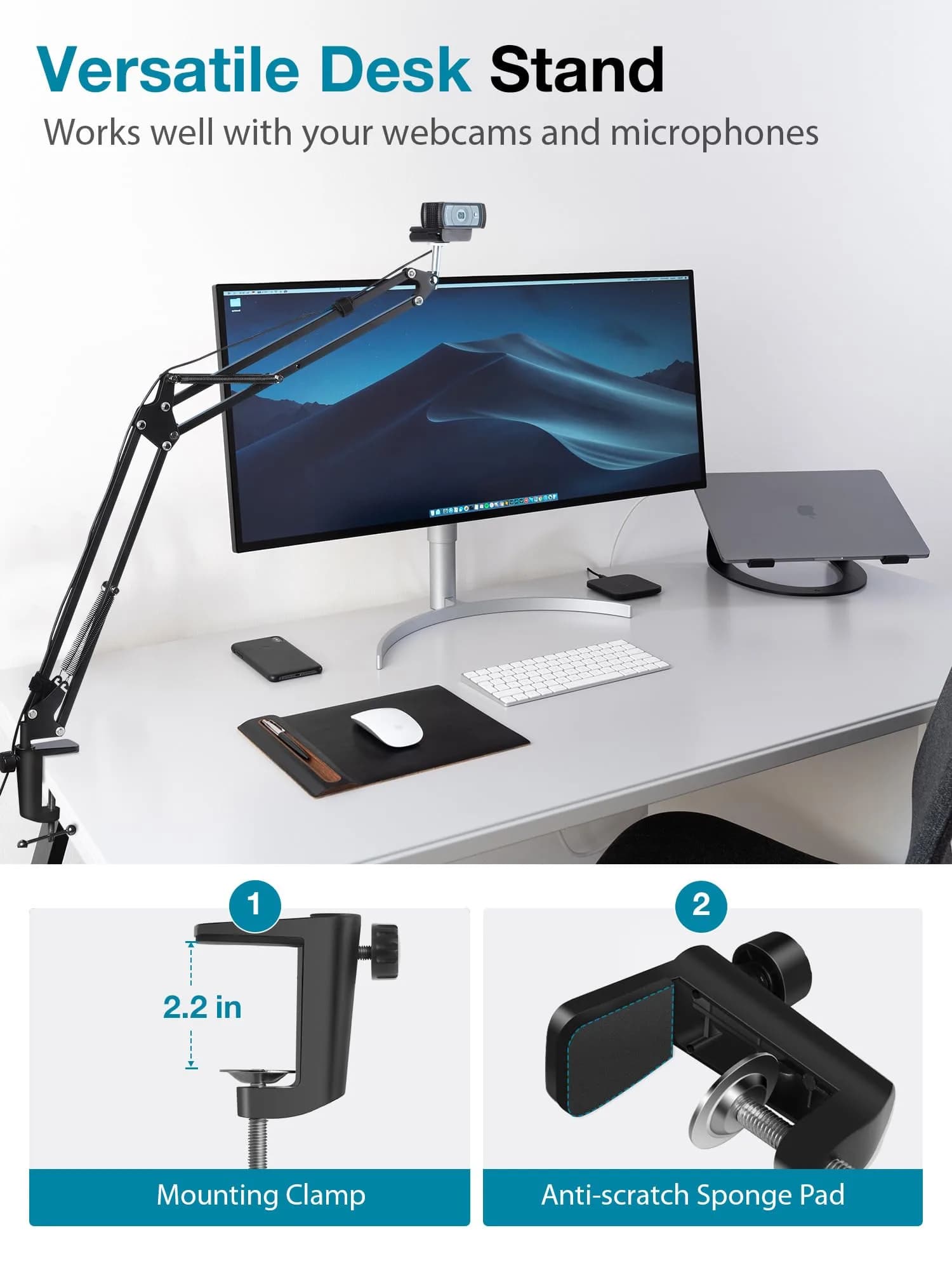 InnoGear Adjustable Webcam Stand & Microphone Boom Arm | 71 cm (28 inches) Black - view 7