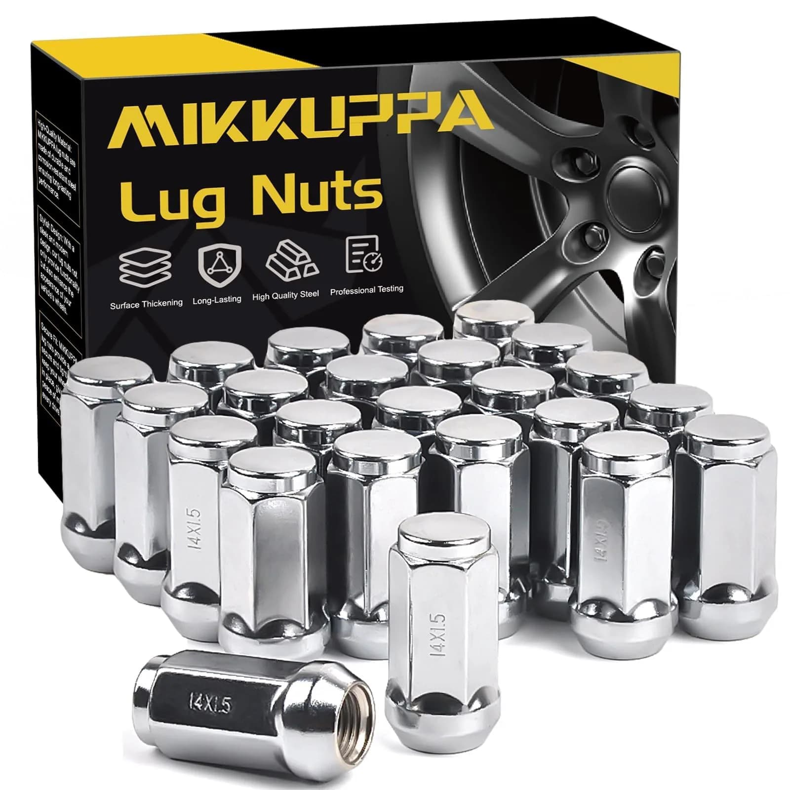 MIKKUPPA 9/16-18 Lug Nuts Replacement for Dodge Ford | Chrome Closed End 32pcs — Silver / Hex Tuner / M14x1.5 (24PCS)