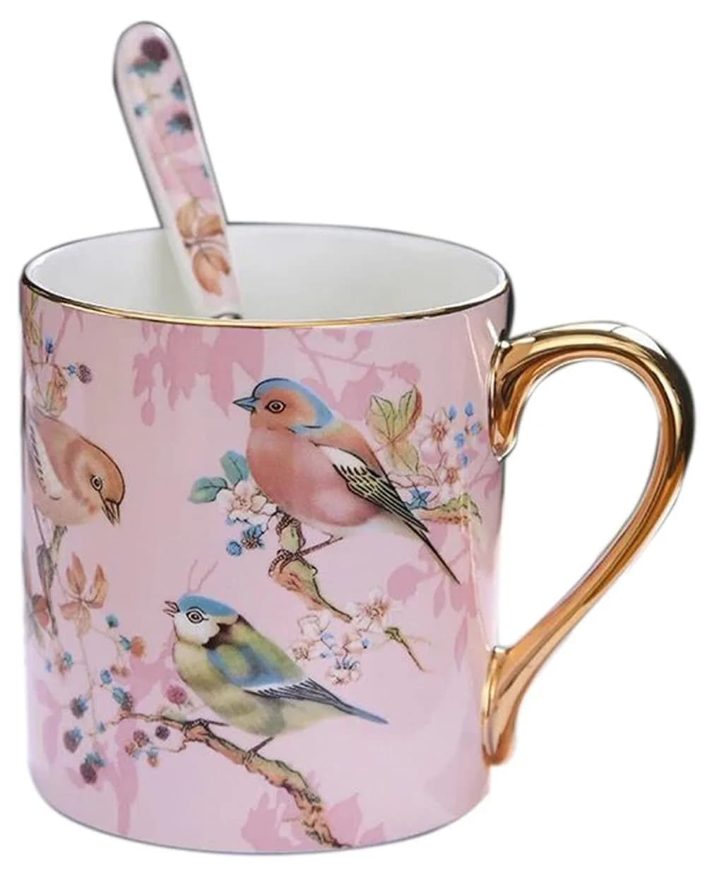 YBK Tech Bone China Teacup 350ml (12oz) with Spoon | Birds Pattern Pink — Birds Pattern (Pink)