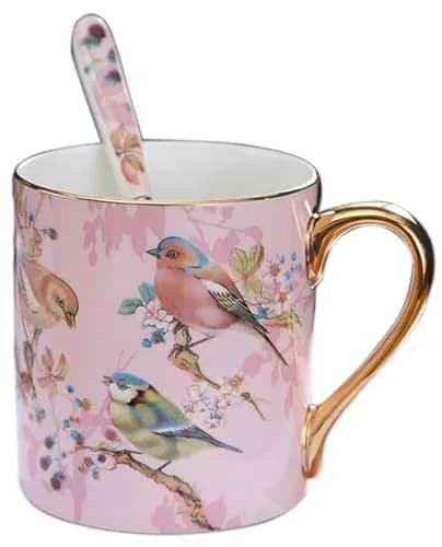 YBK Tech Bone China Teacup 350ml (12oz) with Spoon | Birds Pattern Pink thumbnail 1