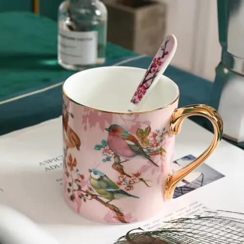 YBK Tech Bone China Teacup 350ml (12oz) with Spoon | Birds Pattern Pink thumbnail 4