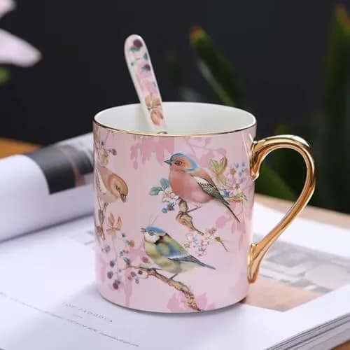 YBK Tech Bone China Teacup 350ml (12oz) with Spoon | Birds Pattern Pink thumbnail 5