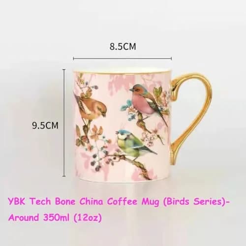 YBK Tech Bone China Teacup 350ml (12oz) with Spoon | Birds Pattern Pink thumbnail 2