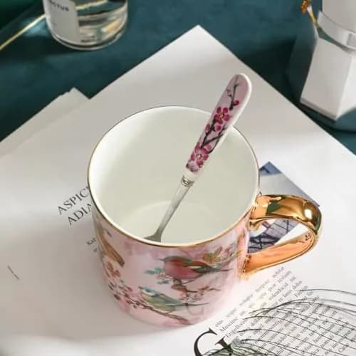 YBK Tech Bone China Teacup 350ml (12oz) with Spoon | Birds Pattern Pink thumbnail 3