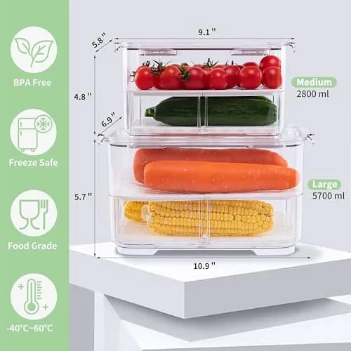 elabo Fruit Storage Containers Fridge Produce Saver- Stackable Refrigerator Organizer Keeper Drawers Bins with Lids and Removable Drain Tray for Veggie, Berry and Fruits, 1 Medium and 1 Large | Keep Fruits & Vegetables Fresh thumbnail 5
