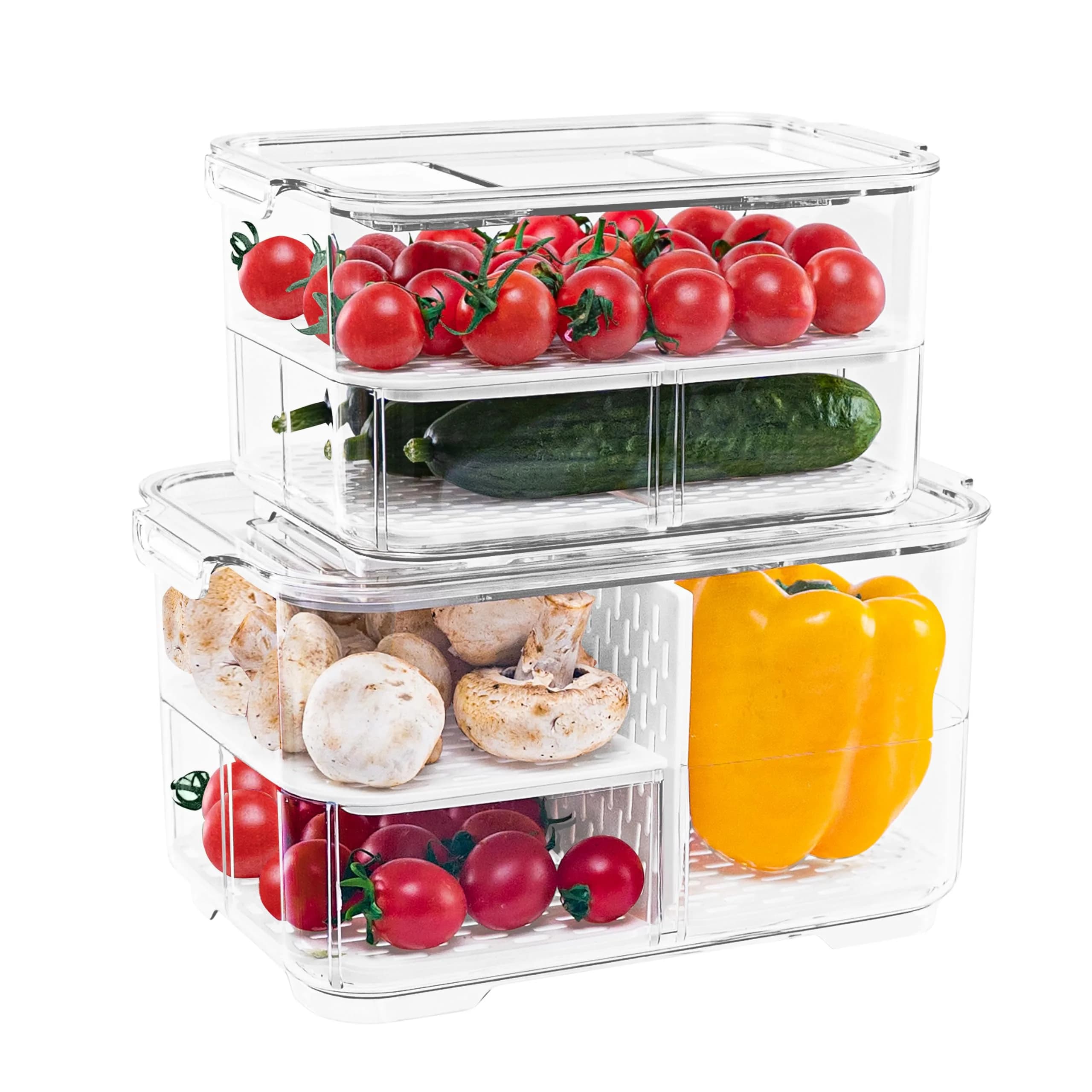 elabo Fruit Storage Containers Fridge Produce Saver- Stackable Refrigerator Organizer Keeper Drawers Bins with Lids and Removable Drain Tray for Veggie, Berry and Fruits, 1 Medium and 1 Large | Keep Fruits & Vegetables Fresh — 1 Medium+ 1 Large