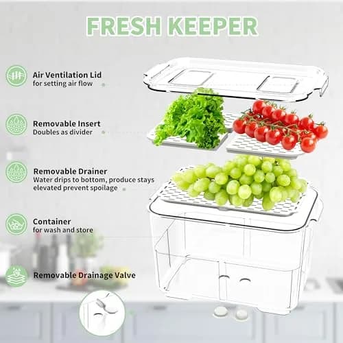 elabo Fruit Storage Containers Fridge Produce Saver- Stackable Refrigerator Organizer Keeper Drawers Bins with Lids and Removable Drain Tray for Veggie, Berry and Fruits, 1 Medium and 1 Large | Keep Fruits & Vegetables Fresh thumbnail 3