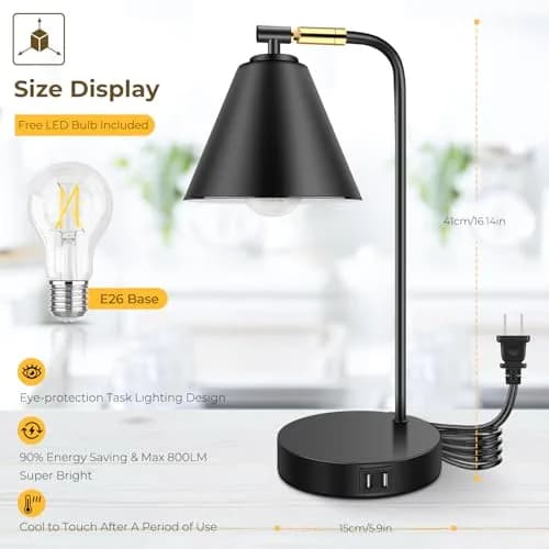 Brightever Industrial Dimmable Desk Lamp with 2 USB Ports, Touch Control, Black Metal, 10.23 inches | Energy Saving & Versatile thumbnail 5