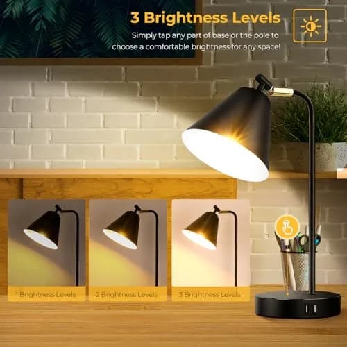 Brightever Industrial Dimmable Desk Lamp with 2 USB Ports, Touch Control, Black Metal, 10.23 inches | Energy Saving & Versatile thumbnail 3